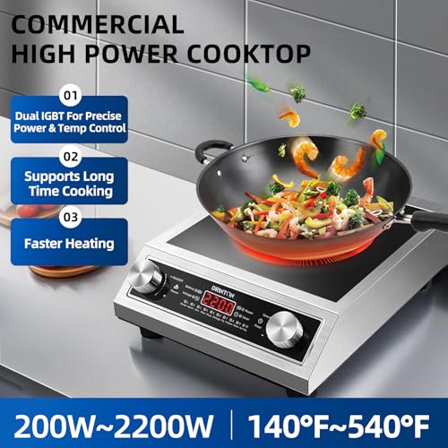 Induction Cooker, 2200W Commercial Induction Cooktop, Large Countertop Burner with 10 Cooking Functions & Dual IGBT for Safe Use, Portable Stainless Steel Hot Plate with 3 Hours Timer, 120V