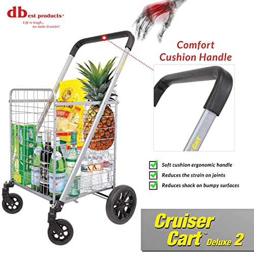 dbest Products Cruiser Cart Deluxe 2 Germ Guard Bundle Shopping Handle Grocery Rolling Folding Laundry Basket on Wheels Foldable Utility Trolley Compact Lightweight Collapsible - color: Silver, style: Deluxe 2 Germ Guard Bundle