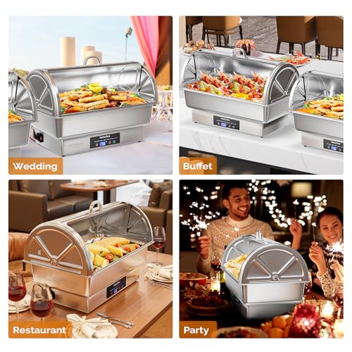ROVSUN 9 QT Roll Top Electric Chafing Dishes for Buffet,Stainless Steel Chafing Dish Buffet Set with Temperature Control Display,Chafers and Buffet Warmers with Full & Half Size Pan for Party Catering - size: 1 Pack