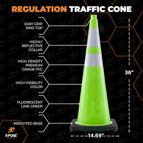 Xpose Safety 36” Lime Green Traffic Cone Dual 6" & 4" Reflective Collar – 4 Pack Multipurpose Premium PVC Safety Cone for Parking, Caution, Construction, Road Crews, Emergency Vehicle - DOT Approved - color: Lime, size: 36" 10lb. Cone
