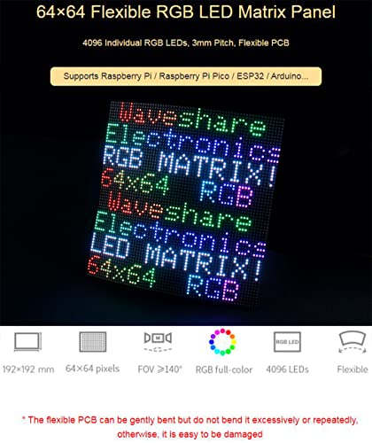 Flexible RGB Full-Color LED Matrix Panel 64x64, 4096 RGB LEDs, 3mm Pitch, Adjustable Brightness Chainable Design, Display Text/Colorful Image/Animation, for Raspberry Pi/Raspberry Pi Pico / ESP32 - color: 64x64-P 3MM Flexible