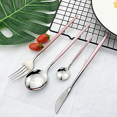 JASHII Flatware Serving Set 24 Piece, Stainless Steel Silverware Set, Pink Silver Cutlery Set, Modern Elegant Tableware Set for Party, Christmas, Dinner (Pink Silver) - color: Pink Silver