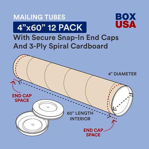 BOX USA Mailing Tubes, 4" W x 60" H, 12-Pack - Heavy-Duty Round Corrugated Tubes for Mailing and Storage of Blueprints, Artwork, Crafts, Posters, Long Art Holder - size: 4x60" 12-Pk