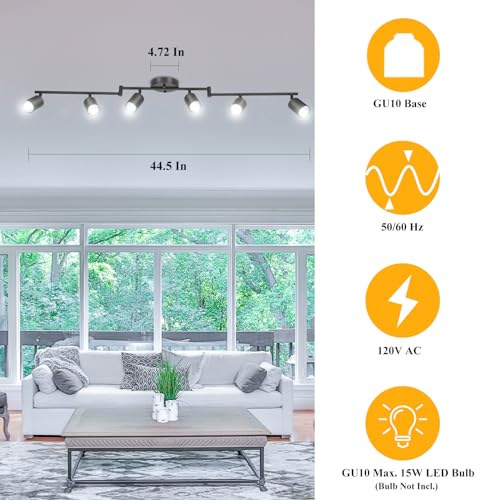 BoostArea LED 6 Light Track Lighting Kit, Black 6 Way Ceiling Spot Lighting, Flexibly Rotatable Light Head for Kitchen, Living Room, Bedroom, GU10 Bulb Not Included - color: 6 Light