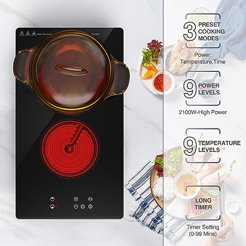 GIHETKUT Electric Cooktop,Built-in and Countertop Electric Stove Top, 2100W 110V Electric Burner 9 Heating Level, Timer & Kid Safety Lock, Sensor Touch Control 2 Burner Electric Cooktop. - size: 2 burner cooktop
