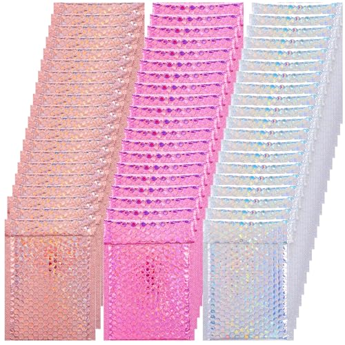 60 Pcs Small Bubble Mailers Cute Holographic Padded Envelopes, 6 x 9.5 Inch Self Seal Waterproof Shipping Bags for Jewelry Makeup Accessories Small Business (Silver Pink Rose Pink)