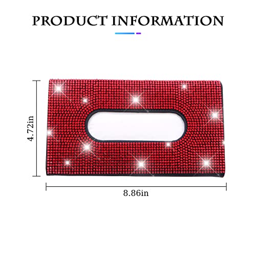 Bling Car Sun Visor Tissue Box Holder, Rhinestone PU Leather Crystal Sparkling Napkin Holder, Backseat Paper Towel Cover Case Car Accessories for Women (Red) - color: Red