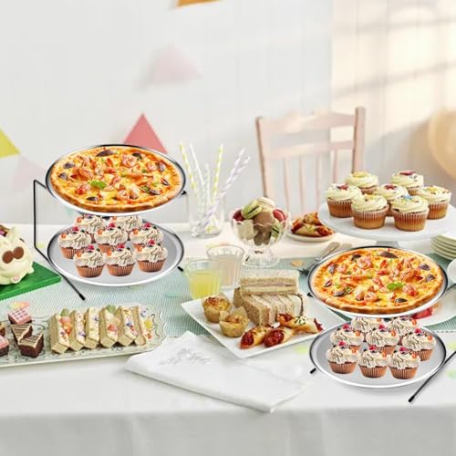 GRETJOB 24 Pcs Pizza Pan Riser Stand Set, 8 Metal Pizza Table Stands + 8 Nonstick Pizza Pans + 8 Pie Servers, Gold Pizza Rack & Tray for Baking, Dessert, Cheese, Party, and Restaurant Use - color: Silver 8Pcs