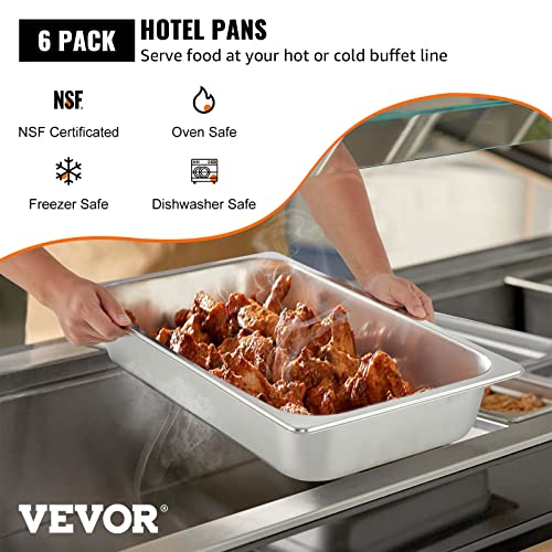 VEVOR 6 Pack Stainless Steel Hotel Pans,Full Size 4Inch Deep 22 Gauge/ 0.8mm Thick Anti-Jam Commercial Food Pans for Steam Tables, Catering Food Storage Metal Pan for Steam Tables, Restaurants - size: 1/1 Size, style: 4 inch Deep 6 Pack