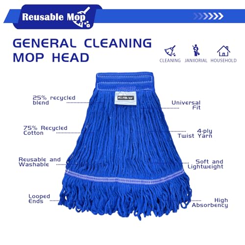 Heavy Duty Wet Industrial Cleaning Mop Head – 21 oz Blue mop Head Replacement Cotton Washable Industrial mop Heads Heavy Duty for Commercial & Home Cleaning(Blue) - color: Blue, size: 3 Pack