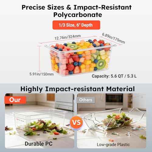 6-Pack 1/3 Size 6" Deep Polycarbonate Food Pans, NSF Commercial Clear Food Prep Pan, Hotel Pan for Salad Bar, Prep & Home Kitchen Use, Food-Grade with Erasable Markers - color: 1/3 Size, size: 6" Deep