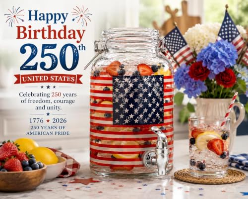 2-PACK 1 Gallon Glass Drink Dispenser for Parties - 250 anniversary American Flag Beverage Dispenser, Leak-Proof, Airtight Lid, Large Mouth, Perfect for Parties, BBQs, Indoor & Outdoor Use - color: Clear