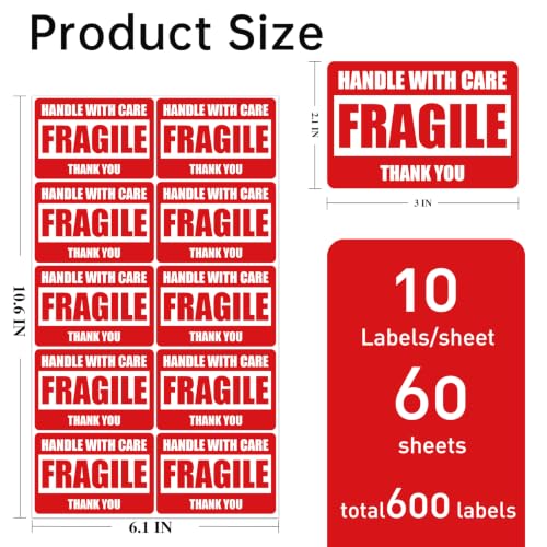 Wanguagua 600 PCS 3x2 Inch Fragile Stickers for Shipping and Moving