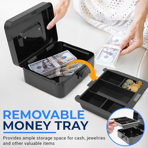 Serenelife 8" Metal Cash Box with Lock | Cash Safe Lock Box with Money Tray | 5 Lockable Drawers | Five Compartment Cash Tray | Storage for Valuables | Steel | Key Lock | 8" x 6.2" x 3.5" in | Black - color: Black
