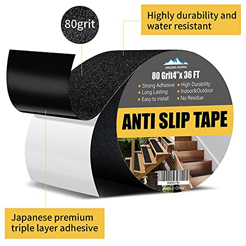 Grip Tape - 4Inch x 36Feet Heavy Duty Anti Slip Tape High Traction 80 Grit Non Skid Tape for Stairs, Waterproof Anti Slip Tape Durable Triple Layer Adhesive Non Slip Tape for Step Treads - Black - size: 4 Inch x 36 Feet
