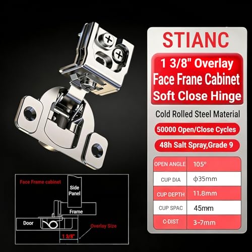 10 Pcs 1 3/8" Overlay Soft Close Cabinet Hinges 105° 3D Adjustable - size: 1-3/8"