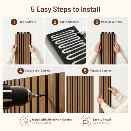Amsleekey 4-Pack 108″x11″ Acoustic Wood Slat Wall Panels, 8 Hooks, Teak - color: Teak, size: 108 x 11 in - 4 pcs