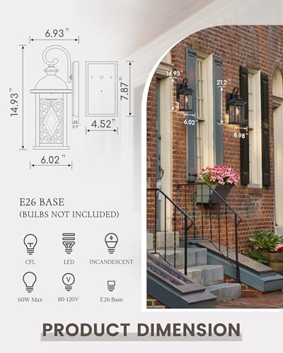 FEMILA Outdoor Wall Light Fixture,1-Light Exterior Waterproof Wall Sconce, Front Porch Lights, Matte Black Finish with Water Ripple Glass, UL Listed, 4FD54B BK-SD - color: Matte Black, Lozenge Pattern, size: 15", Single Unit