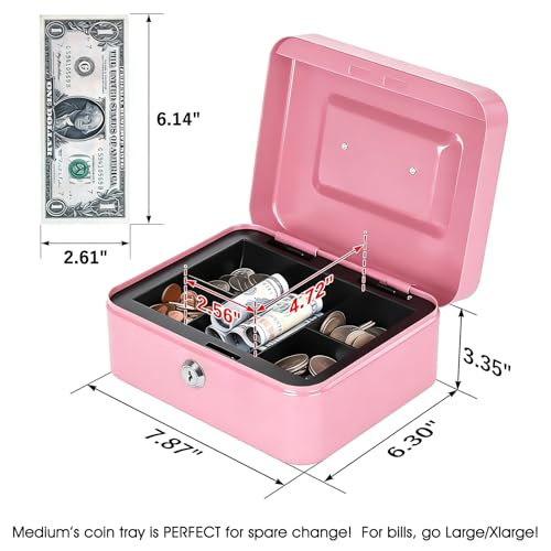 Kyodoled Medium Cash Box with Money Tray,Small Safe Lock Box with Key, Drawer,7.87"x 6.30"x 3.54" Pink - color: Pink, size: Medium