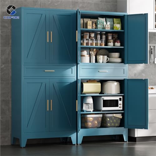 COFaR 71'' Tall Metal Pantry Cabinet with Drawer, Kitchen Storage Cabinet with 4 Doors and Shelves, Freestanding Farmhouse Food Cupboard for Kitchen Dinning Room Garage, Peacock Blue 6-Tier - color: Peacock Blue, size: 15.75''D × 31.5''W × 70.87''H-S07