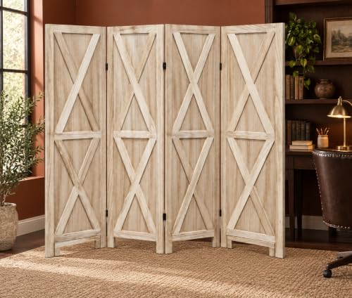 Premium Home 4-Panel Room Divider, Natural Barn Door X-Pattern Screen - color: Natural - X Pattern - 4 Panel