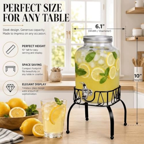 Estilo Gallon Drink Dispenser with Stand - Glass Beverage Dispenser with Stand for Weddings - Sun Tea Jar with Spigot 1 Gallon - Countertop Glass Water Dispenser for Lemonade and Parties - size: 1 Gallon, style: Single w/ Stand