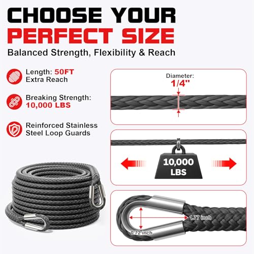 Synthetic Winch Rope Extension - 1/4'' X 50ft 10,000 LBS Heavy Duty Extension Winch Line Cable Replacement for ATV UTV Off Road Vehicle Jeep Truck - Grey - color: Grey, size: 1/4 Inch x 50 Feet