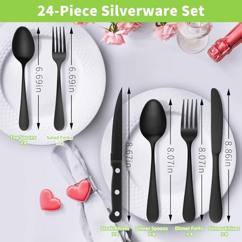 24-Piece Black Silverware Set with Steak Knives - Forks and Spoons Silverware Sets, Stainless Steel Flatware Cutlery Set for 4, Mirror Finished Utensil Sets Dishwasher Safe for Home Kitchen Restaurant