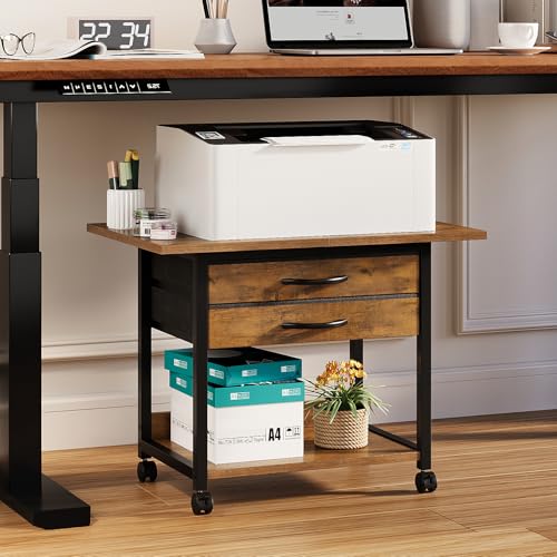 VENNQD Large Printer Stand with Storage Fabric Drawer Under Desk Printer Table with Wheels for Home Office, Printer Cart fit Fax Machine Scanner 23.4"x15.7"(Rustic Brown, 2 Tiers) - color: Rustic Brown, size: 2 Tiers