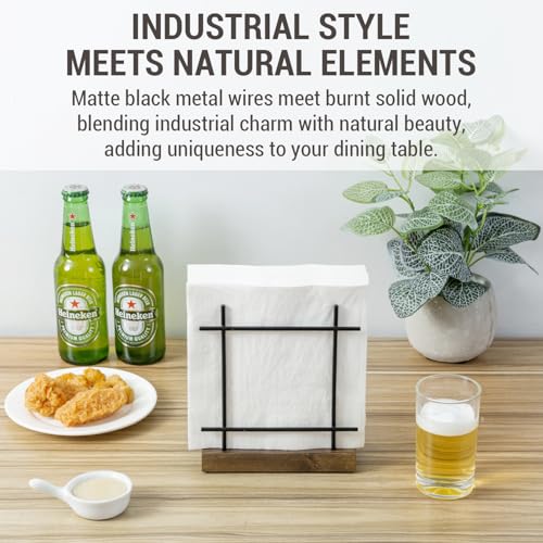 MyGift Napkin Holder, Black Metal with Burnt Wood Base - color: Black / Burnt Wood