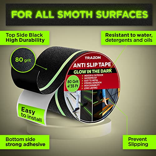Grip Tape Glow in Dark Stripe - Heavy Duty Anti Slip Tape for Stairs Outdoor/Indoor Waterproof 4 Inch x 35 Feet Non Skid Roll Stair Steps Traction Tread Staircases Grips Adhesive Nonslip Slip Strips - color: Black with Glow in the Dark Strips, size: 4 Inc
