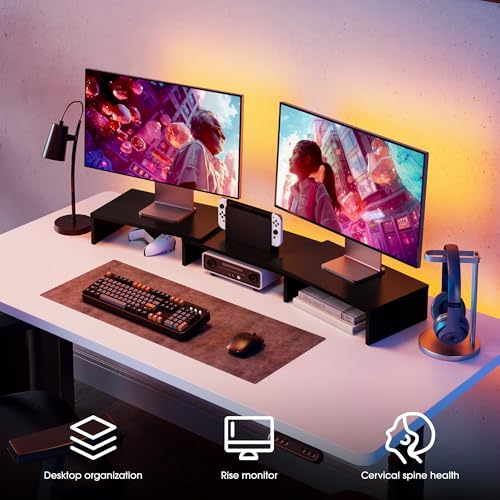 FITUEYES Dual Monitor Stand Riser, Adjustable Length and Angle, Black - color: Black