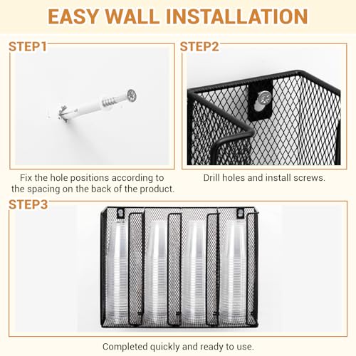 Thenshop 2 Pack Wall Mount Sauce Cup and Lid Holder - 4 Compartment Black Iron Dispenser Fits 2 to 5.5 oz Cups, Space Saving Organizer for Coffee Bar, Restaurant & Kitchen Counter, 13 x 10 x 3.26