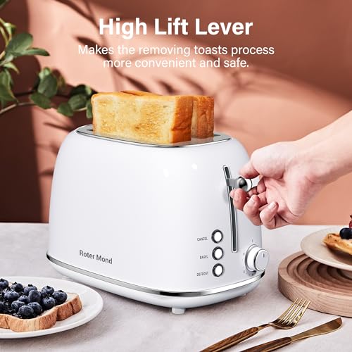 Roter Mond 2 Slice Toaster Retro Stainless Steel with Bagel, Cancel, and Defrost Functions, 6 Bread Shade Settings, Extra Wide Slots and Removable Crumb Tray, White - color: White