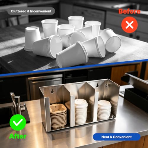 Stainless Steel Cup Dispenser, Cup and Lid Holder with Adjustable Dividers