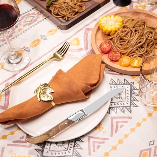 LUVCOSY Laguiole Style Steak Knife Set of 6, Non-serrated Steak Knife Set with Olive Wood Handle, Sharp Stainless Steel Steak Knives with Gift Box, Dinner Cutlery Set for Home Party - color: Olive Wood Handle
