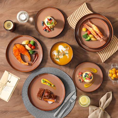 vancasso Plates and Bowls Sets, 24 Pieces Stoneware Dinnerware Sets for 8, Kitchen Dish Set Mircowave and Dishwasher Safe Ceramic Dishware, Dark Brown, Series AMBER - color: Brown