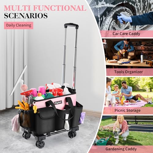 Chyaidach Rolling Cleaning Caddy, Cleaning Supplies Organizer with Trolley, Wearable Cleaning Tote Bag on Wheels with Hard Bottom, Cleaning Carts for Housekeepers/Home/Car/Office/Picnic (Pink) - color: Pink