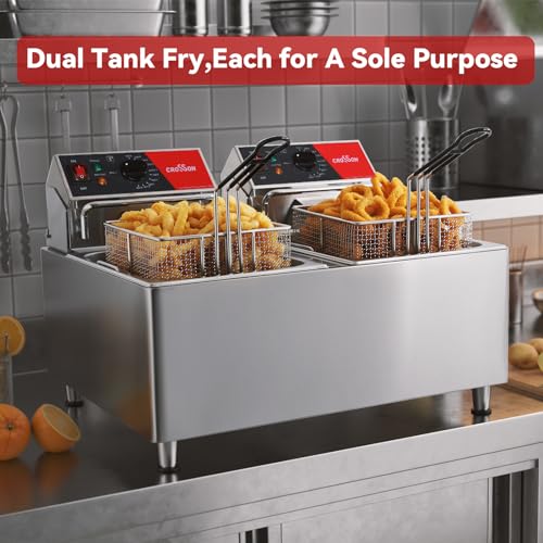 CROSSON ETL Listed 30Lbs Dual Tank Electric Commercial Deep Fryer with Solid Basket,Lid and Height Adjustable Legs for Restaurant Use,8L×2 Commercial Countertop Deep Fryer-120V/3600W(30Amps) - size: 30Lbs Dual Tank