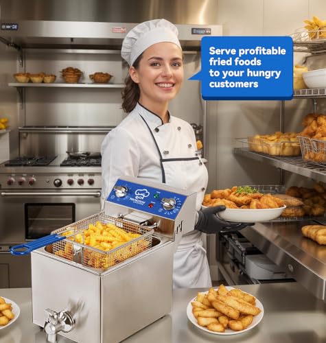 TOPKITCH 6.3Qt Electric Fryer with Oil Drain,30 Minutes Timer,Stretch forming oil tank,Lid and Solid Wire Mesh Basket,Light Duty Commercial Electric Countertop Deep Fryers-120V,1800W - size: 6.3QT