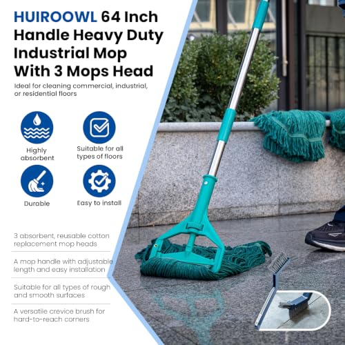 Commercial Mop with 3 Replacement Heads & 1 Handles, 64" Long Handle Heavy Duty Industrial Wet String Cotton Mop, for Concrete/Tile/Garage Floors-Home, Kitchen