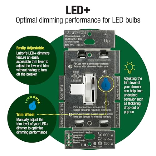 Lutron Toggler LED+ Dimmer Switch for Dimmable LED, Halogen and Incandescent Bulbs, 150 Watt, Single-Pole or 3-Way, TGCL-153PH-WH-6, White, 6 Pack - color: White, size: 6 Pack