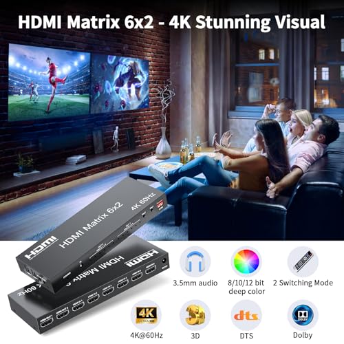 6 in 2 Out HDMI 2.0 Matrix Switch Splitter, HDMI Matrix Switcher Selector - size: 4K 6X2 Matrix with EDID