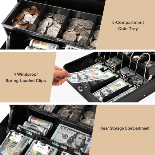 Cash Box with Money Tray and Key Lock,Safe Box for Cash Saving Key Lock Money Organizer,Cash Drawer, 11.8" x 9.5" x 3.5", K-Black - color: K-Black