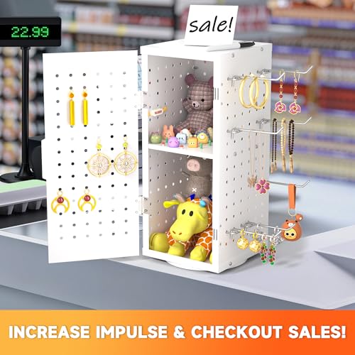 Alyoen Rotating Pegboard Display Stand With 24 Hooks - Metal Spinning Peg Board Organizer Accessories with Magnetic Door Design, Magnet Display Stand for Keychain, Jewelry, Earring (White) - color: White