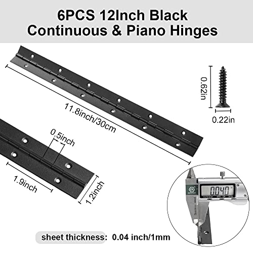 6 Pack 12 Inch Piano Hinge, Heavy Duty Continuous Hinge with Holes for Cabinets Boat Marine Door, 304 Stainless Steel 0.04" Leaf Thickness 1.2'' Open Width (Black) - size: 12 Inch (6PCS)
