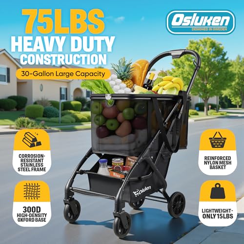 Folding Shopping Cart with Wheels, 75lbs Multi Use Grocery Carts with 360° Wheels & Removable Tote Bag, Multifunctional Portable Personal Shopping Carts for Groceries (30 Gallon)