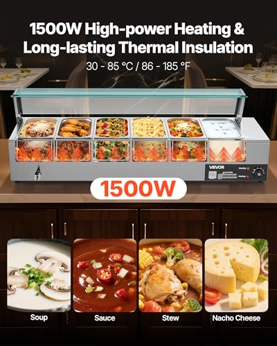 VEVOR Commercial Food Warmer, 1500W Electric Stainless Steel Steam Food Warmer with Glass Cover, 6 x 1/3 Size Pans Buffet Bain Marie with Soup & Perforated Ladles, for Catering, Restaurant & Party - size: 6x1/3Pan
