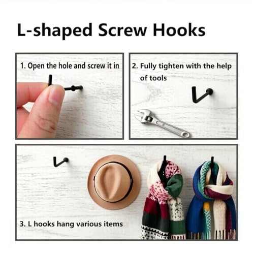300 PCS 1/2 Inch Screw in Hooks, Mini 7 Shaped Right Angle Screw Hanger,Black L Shaped Hook, Perfect for Lamp,Plants,Decorations,kitchenware and DIY Crafts - size: 1/2inch 300pcs
