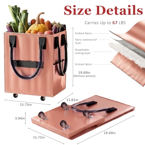 Reusable Grocery Bag on Wheel, Foldable Shopping Cart with Wheels, Can Carry up to 67 Pounds, Suitable for Groceries, Laundry, Camping and Moving. (Rose Gold - Small) - color: Rose Gold - Small